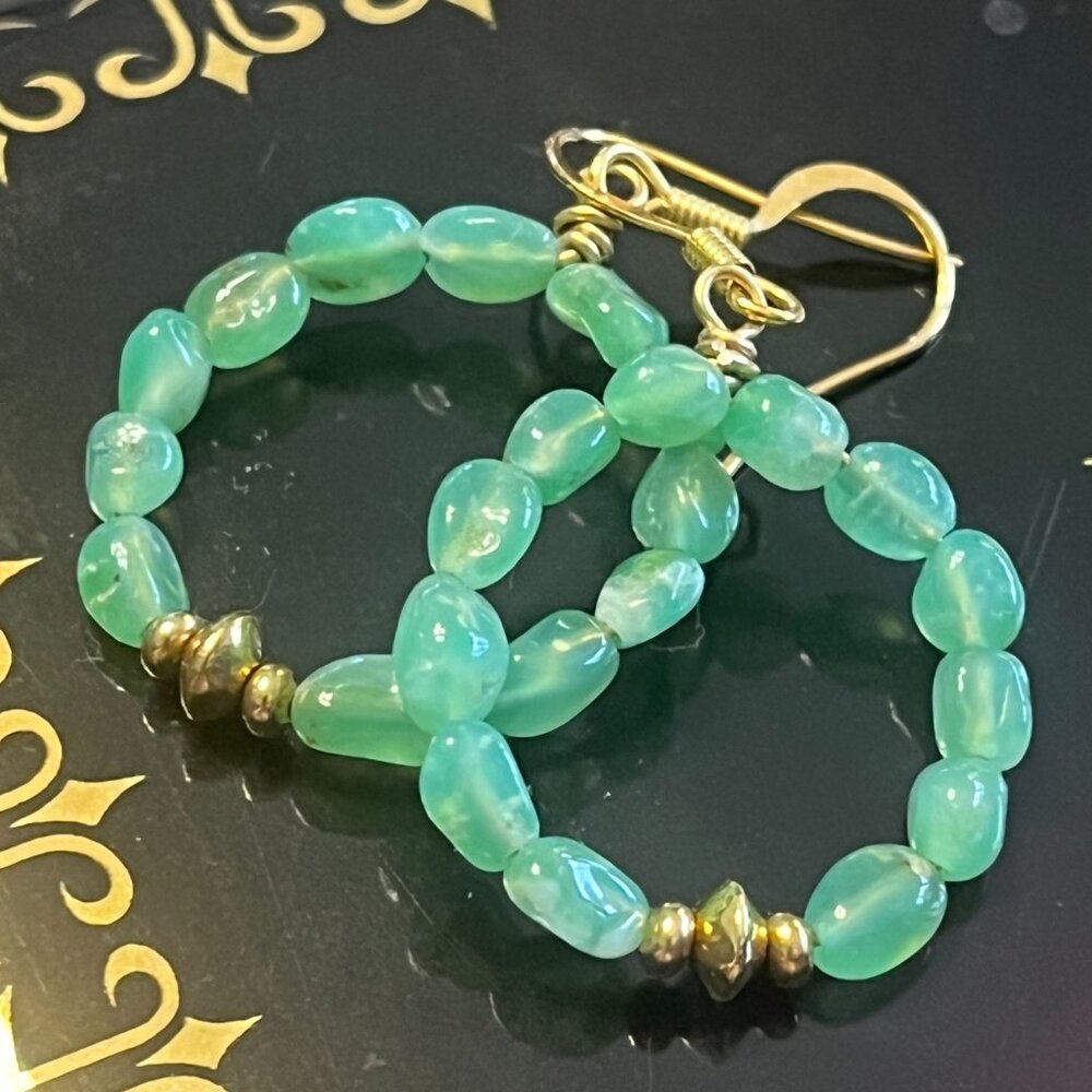 Gemstone Beaded Hoop Earrings | Chrysoprase Green Dangle Earrings - Picture 4 of 7